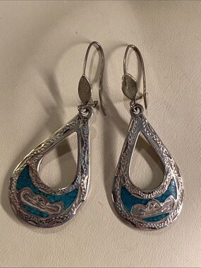 Vintage 1998 Kit Heath Sterling Silver Turquoise Inlay Drop Earrings